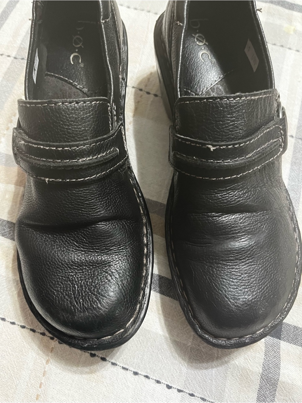 b.o.c. Black Leather Slip-On Clogs with Contrast Stitching